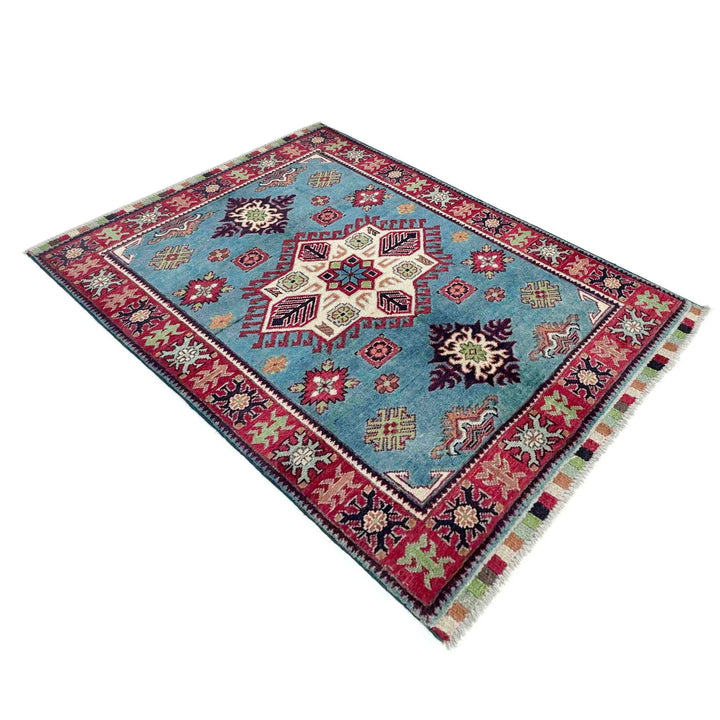 Blue Afghan Kazak Rug 3' 3" x 4' 8" Hand-Knotted | No. AL88151