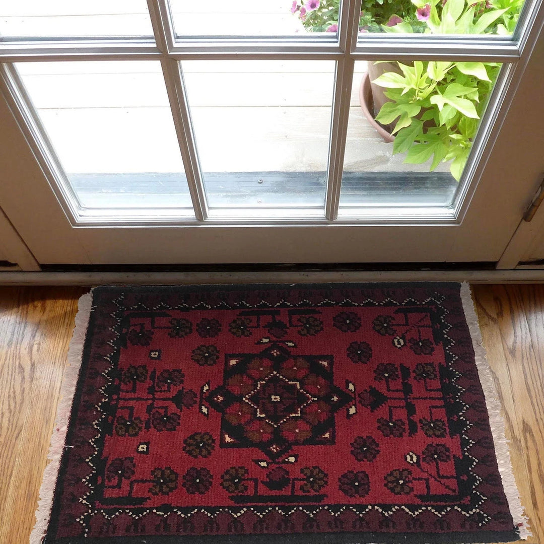 Red Afghan Oriental Doormat 1' 5" x 1' 11" Hand-Knotted | No. AL88160