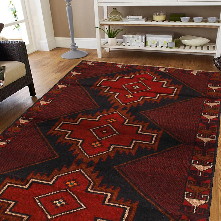 Red Afghan Baluchi Rug 3' 10" x 7' 1" Hand-Knotted | No. AL88328
