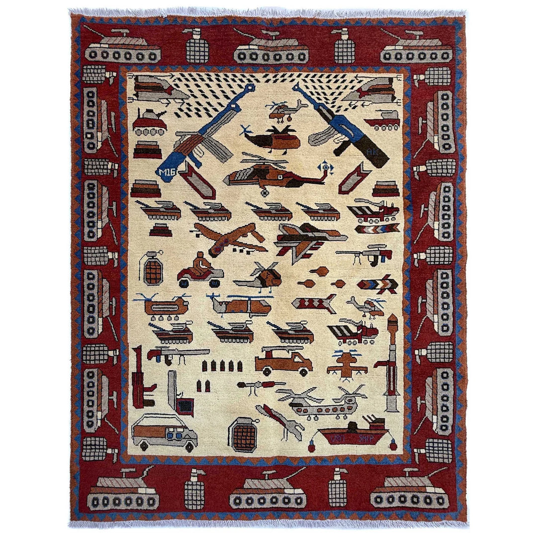 Beige Afghan War Carpet Rug 4' 1" x 5' 9" Hand-Knotted | No. AL88352