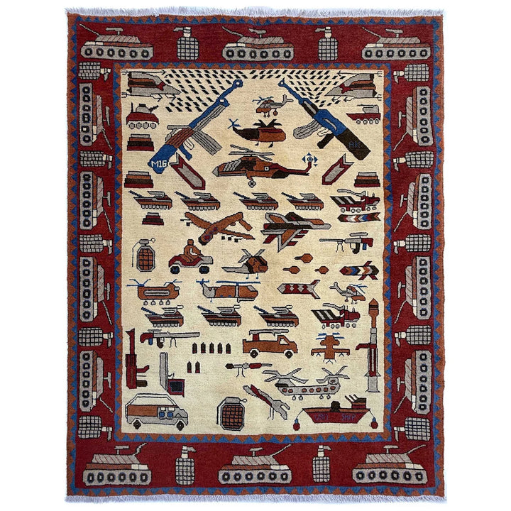 Beige Afghan War Carpet Rug 4' 1" x 5' 9" Hand-Knotted | No. AL88352