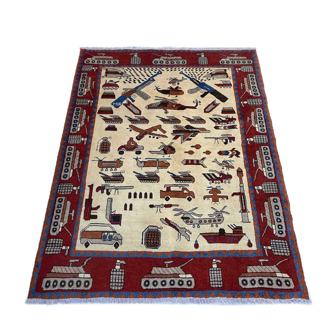 Beige Afghan War Carpet Rug 4' 1" x 5' 9" Hand-Knotted | No. AL88352