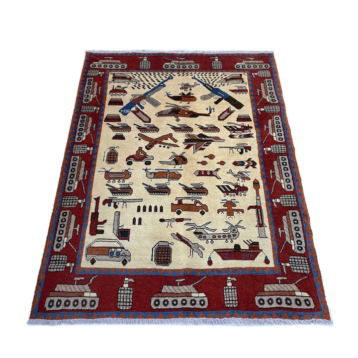 Beige Afghan War Carpet Rug 4' 1" x 5' 9" Hand-Knotted | No. AL88352