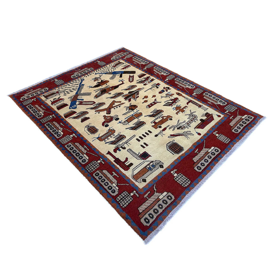 Beige Afghan War Carpet Rug 4' 1" x 5' 9" Hand-Knotted | No. AL88352