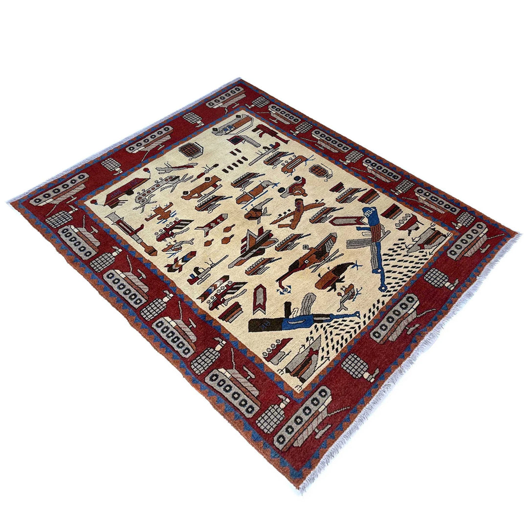 Beige Afghan War Carpet Rug 4' 1" x 5' 9" Hand-Knotted | No. AL88352