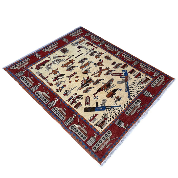 Beige Afghan War Carpet Rug 4' 1" x 5' 9" Hand-Knotted | No. AL88352
