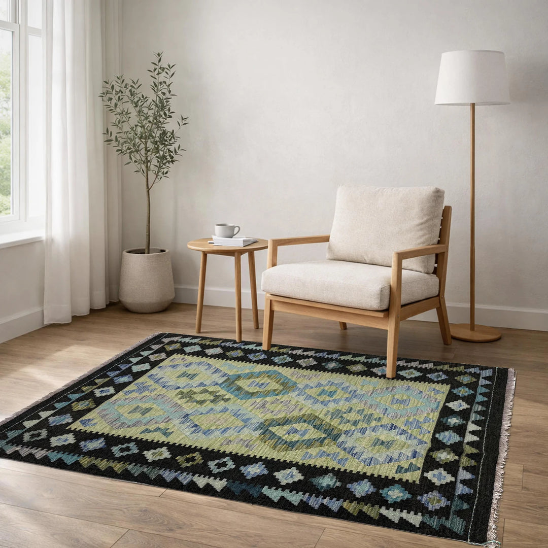 Multicolor Afghan Vegetable Kilim Rug 3' 5" x 4' 10" Flat-Weave | No. AL88416