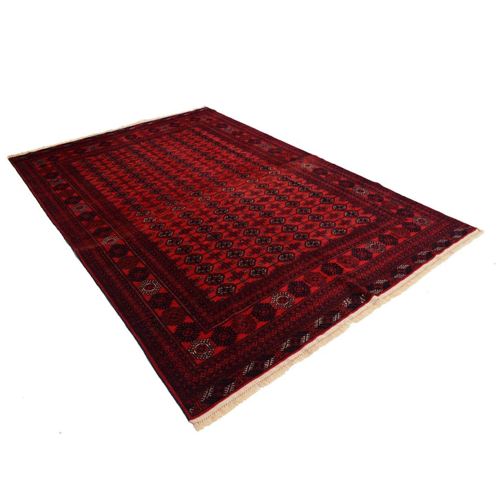 Red Afghan Bokhara Rug 6' 4" x 9' 7" Hand-Knotted | No. AL88462