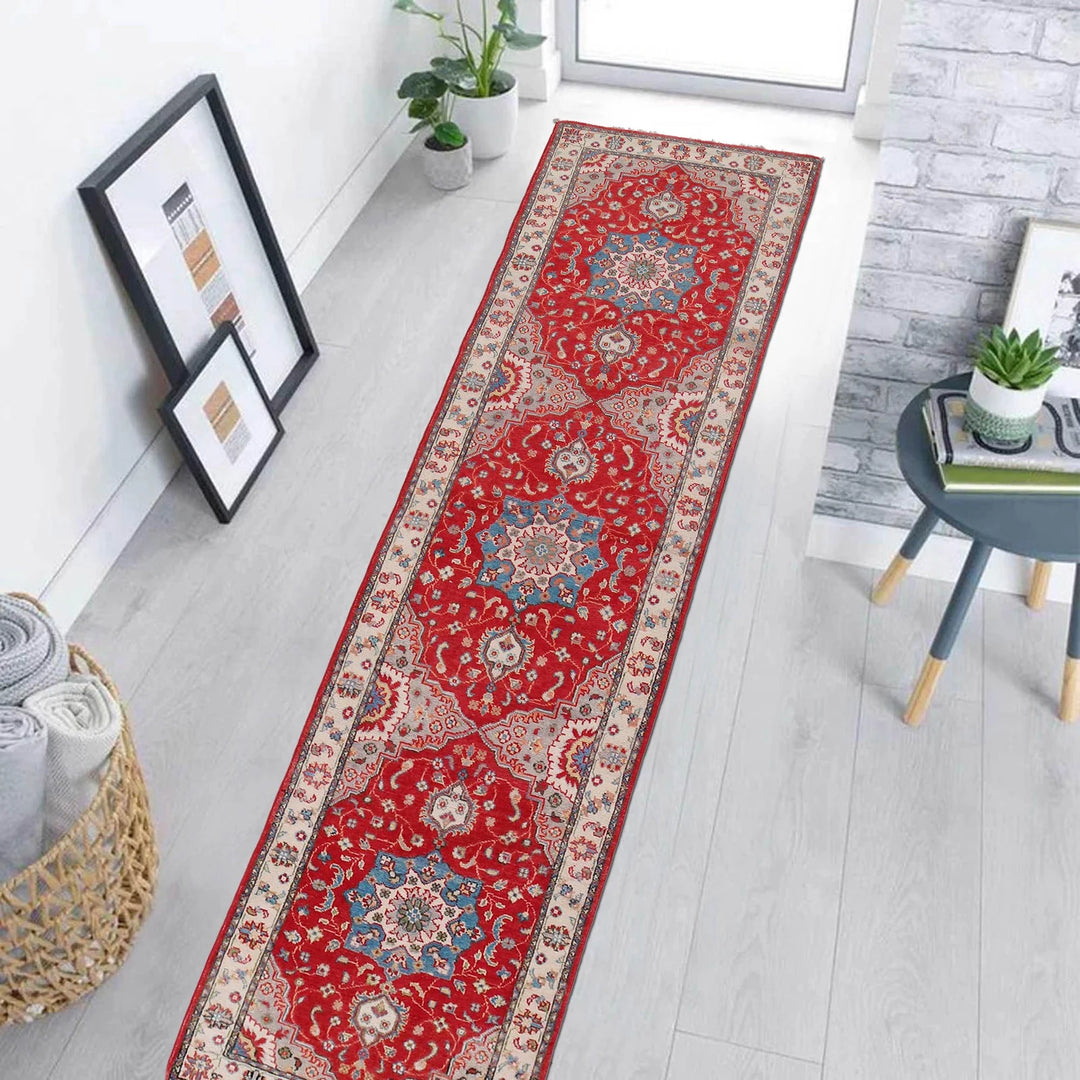 Red Afghan Kazak Rug 2' 6" x 10' 11" Hand-Knotted | No. AL88496