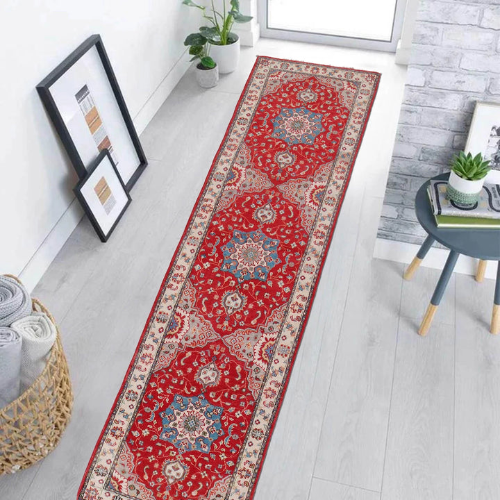 Red Afghan Kazak Rug 2' 6" x 10' 11" Hand-Knotted | No. AL88496