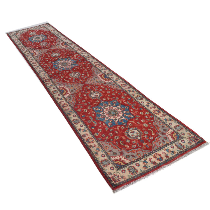 Red Afghan Kazak Rug 2' 6" x 10' 11" Hand-Knotted | No. AL88496