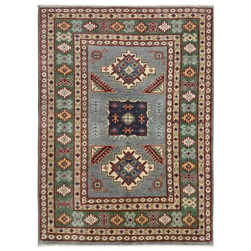 Gray Afghan Kazak Rug 3' 3" x 4' 9" Hand-Knotted | No. AL88824