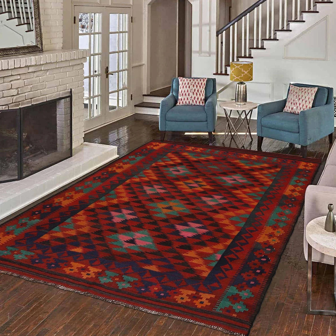Red Afghan Kilim Rug 6' 4" x 8' 9" Flat-Weave | No. AL88891