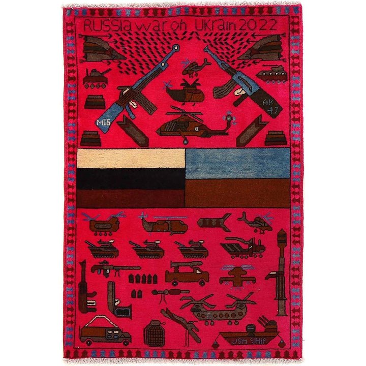 Pink Afghan War Rug 2' 8" x 3' 11" Hand-Knotted | No. AL89047
