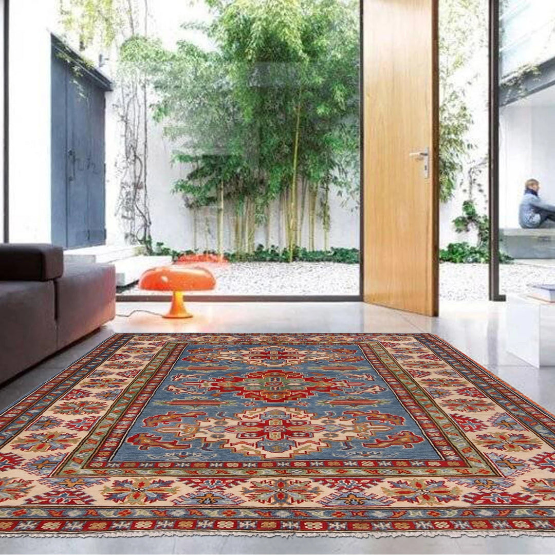Blue Afghan Kazak Rug 4' 11" x 6' 8" Hand-Knotted | No. AL89124