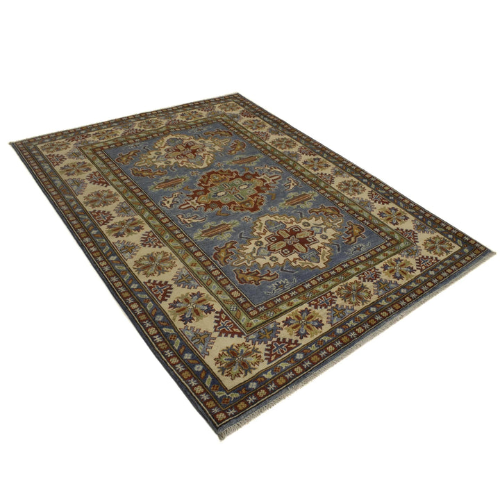 Blue Afghan Kazak Rug 4' 11" x 6' 8" Hand-Knotted | No. AL89124