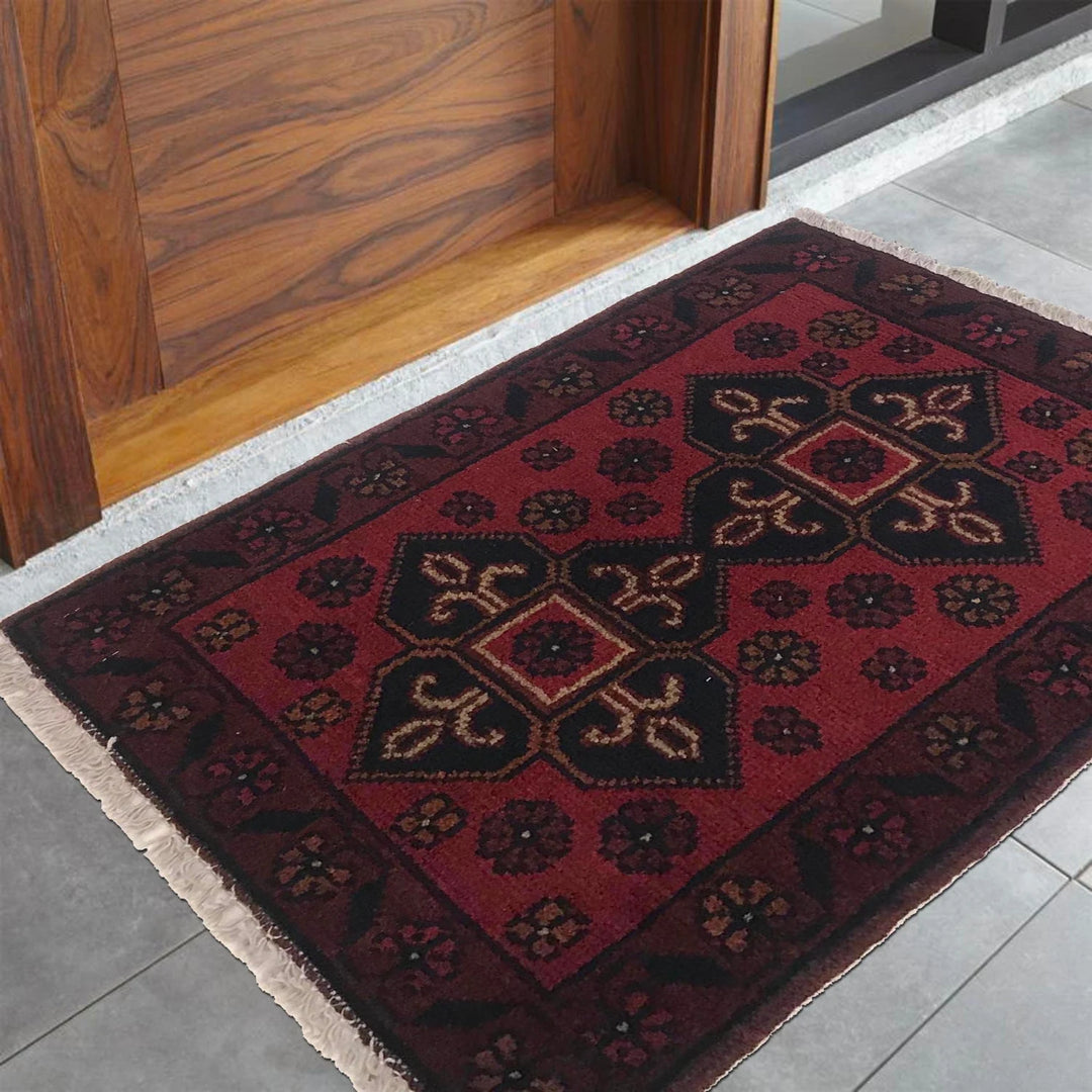 Red Afghan Oriental Doormat 1' 5" x 1' 11" Hand-Knotted | No. AL89247