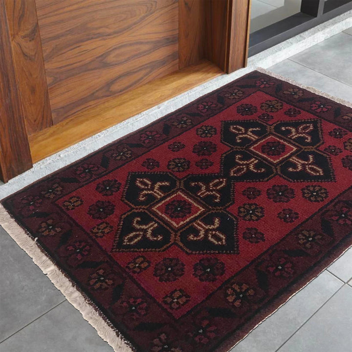 Red Afghan Oriental Doormat 1' 5" x 1' 11" Hand-Knotted | No. AL89247