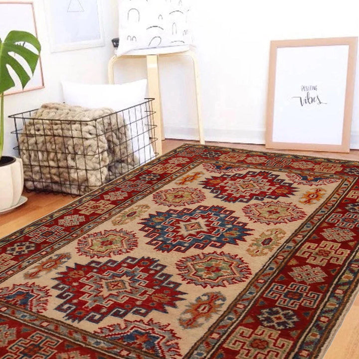 Beige Afghan Kazak Rug 2' 8" x 3' 10" Hand-Knotted | No. AL89294