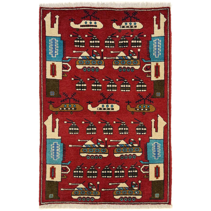 Red Afghan War Rug 2' 7" x 3' 10" Hand-Knotted | No. AL89337