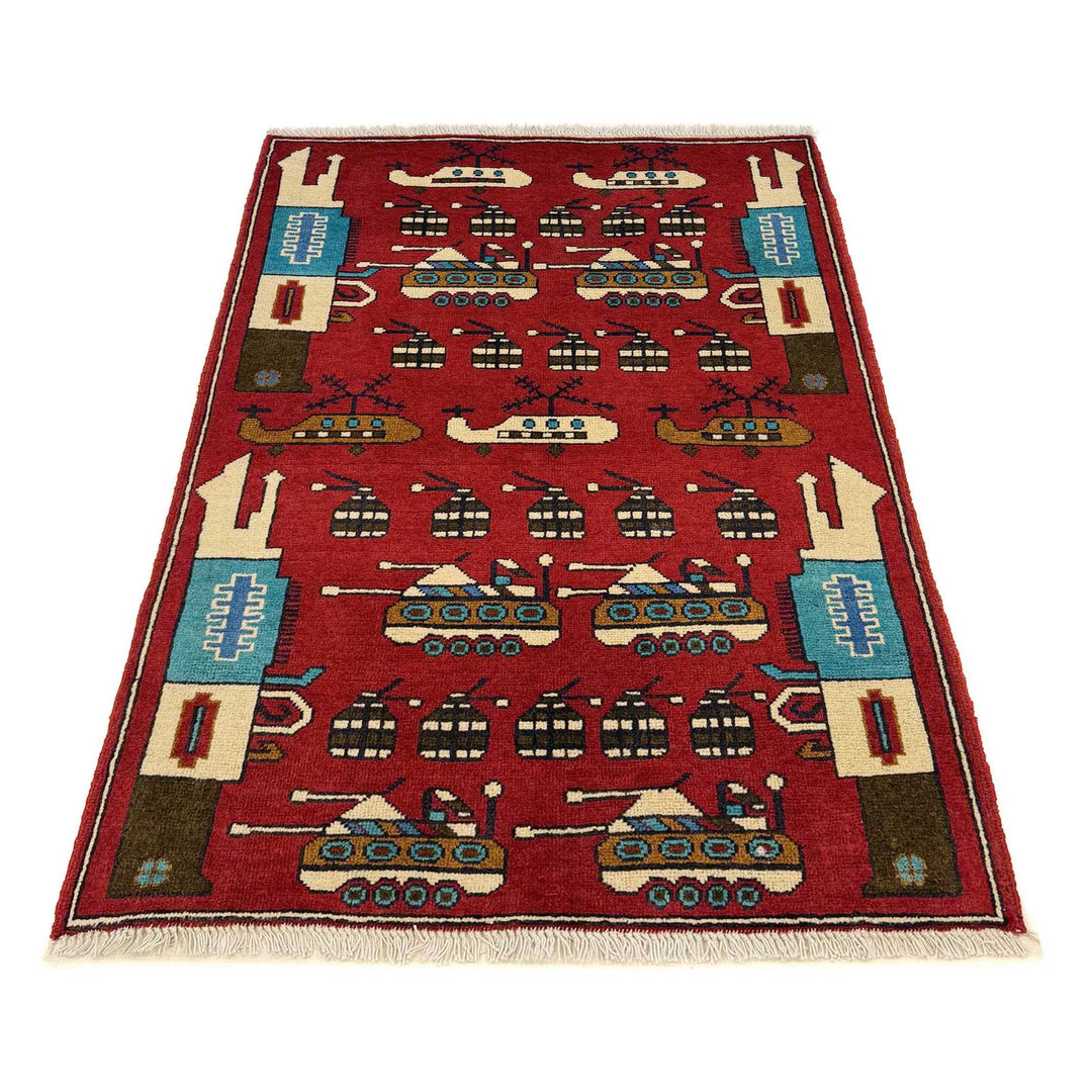 Red Afghan War Rug 2' 7" x 3' 10" Hand-Knotted | No. AL89337