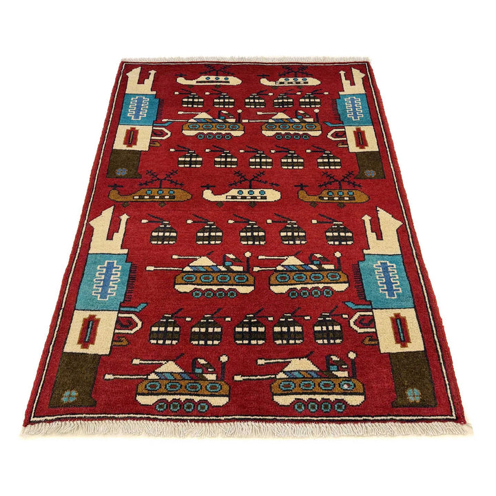Red Afghan War Rug 2' 7" x 3' 10" Hand-Knotted | No. AL89337