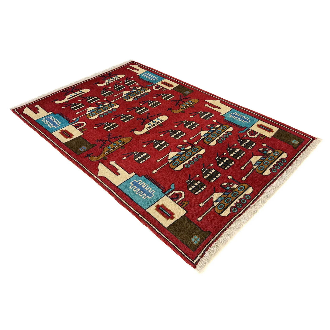 Red Afghan War Rug 2' 7" x 3' 10" Hand-Knotted | No. AL89337