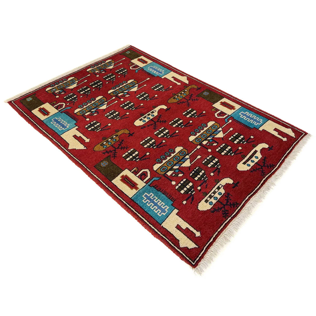 Red Afghan War Rug 2' 7" x 3' 10" Hand-Knotted | No. AL89337