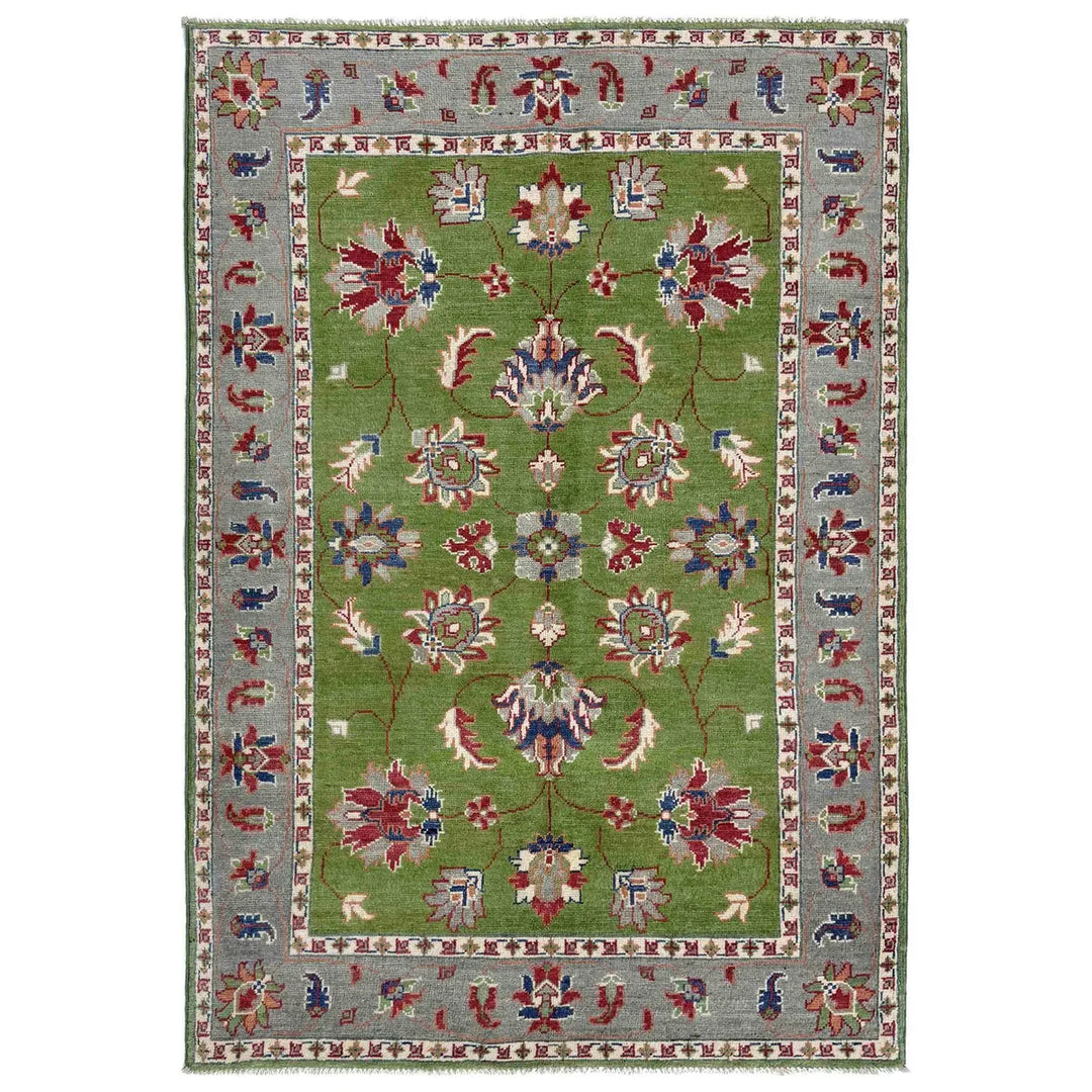 Green Afghan Kazak Rug 4' 0" x 6' 3" Hand-Knotted | No. AL89411