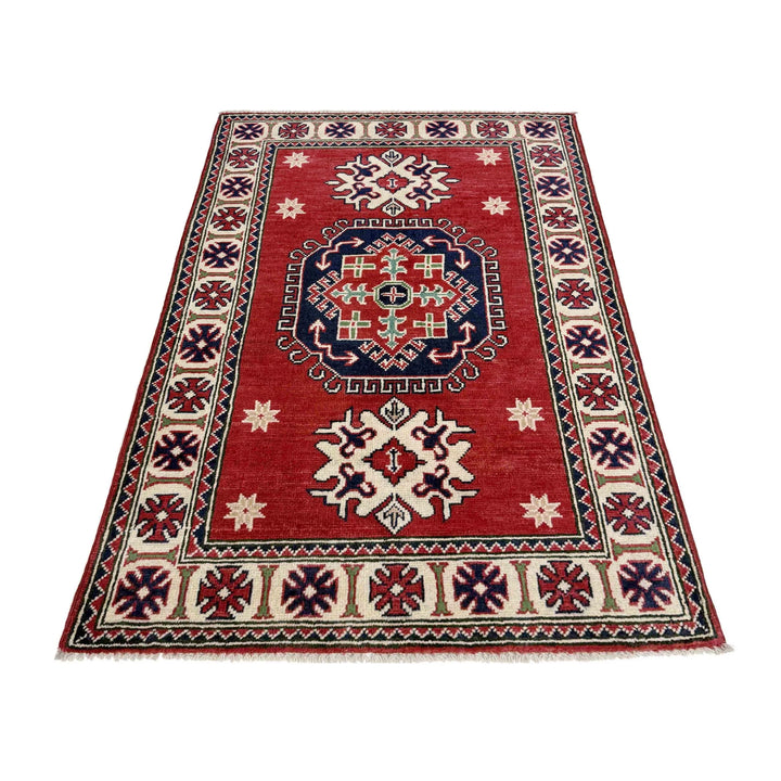 Red Afghan Kazak Rug 2' 9" x 4' 2" Hand-Knotted | No. AL89425