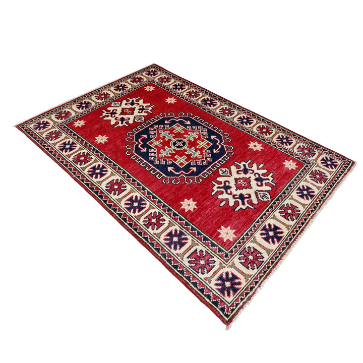 Red Afghan Kazak Rug 2' 9" x 4' 2" Hand-Knotted | No. AL89425