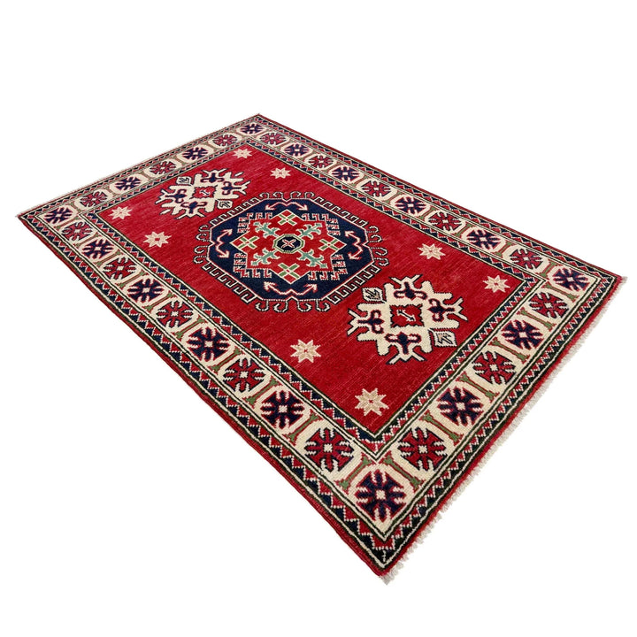 Red Afghan Kazak Rug 2' 9" x 4' 2" Hand-Knotted | No. AL89425