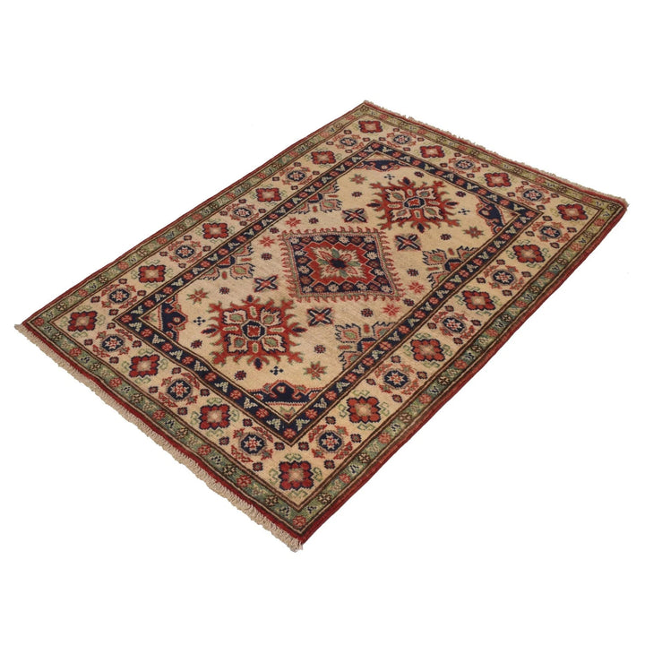 Ivory Afghan Kazak Rug 2'9" x 3'11" Hand-Knotted | No. AL89507