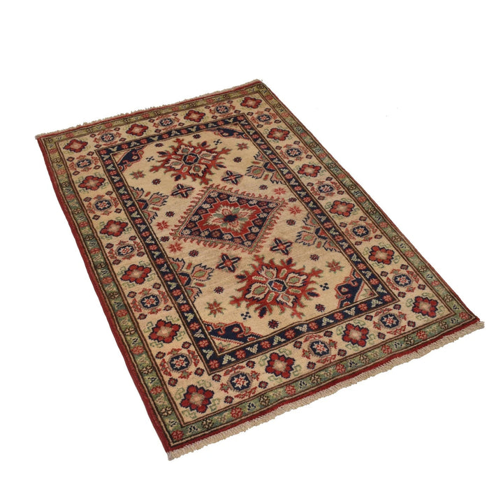 Ivory Afghan Kazak Rug 2'9" x 3'11" Hand-Knotted | No. AL89507