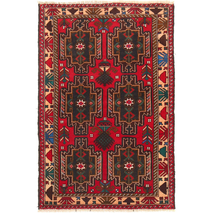 Red Afghan Baluchi Rug 3' 0" x 4' 7" Hand-Knotted | No. AL89564