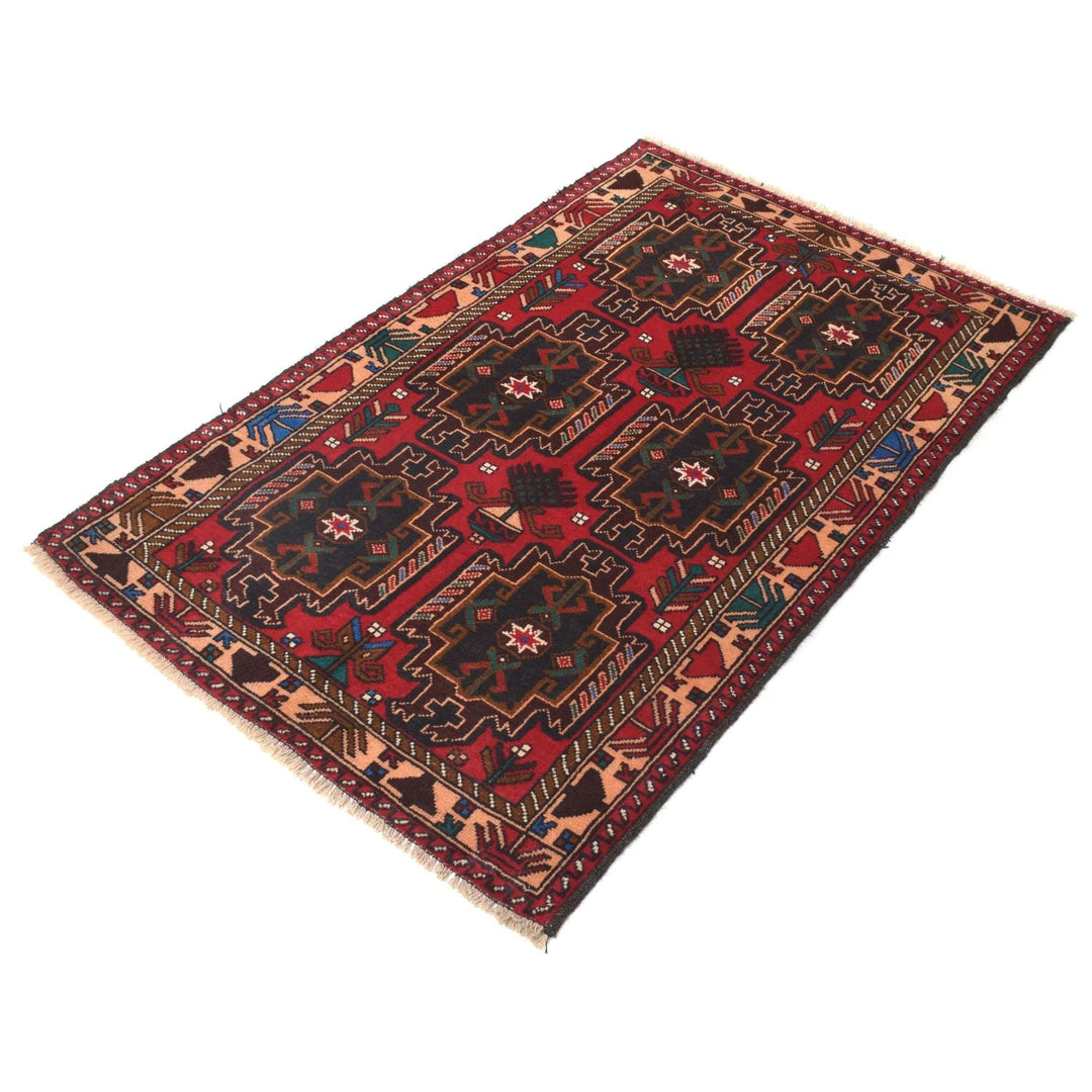 Red Afghan Baluchi Rug 3' 0" x 4' 7" Hand-Knotted | No. AL89564
