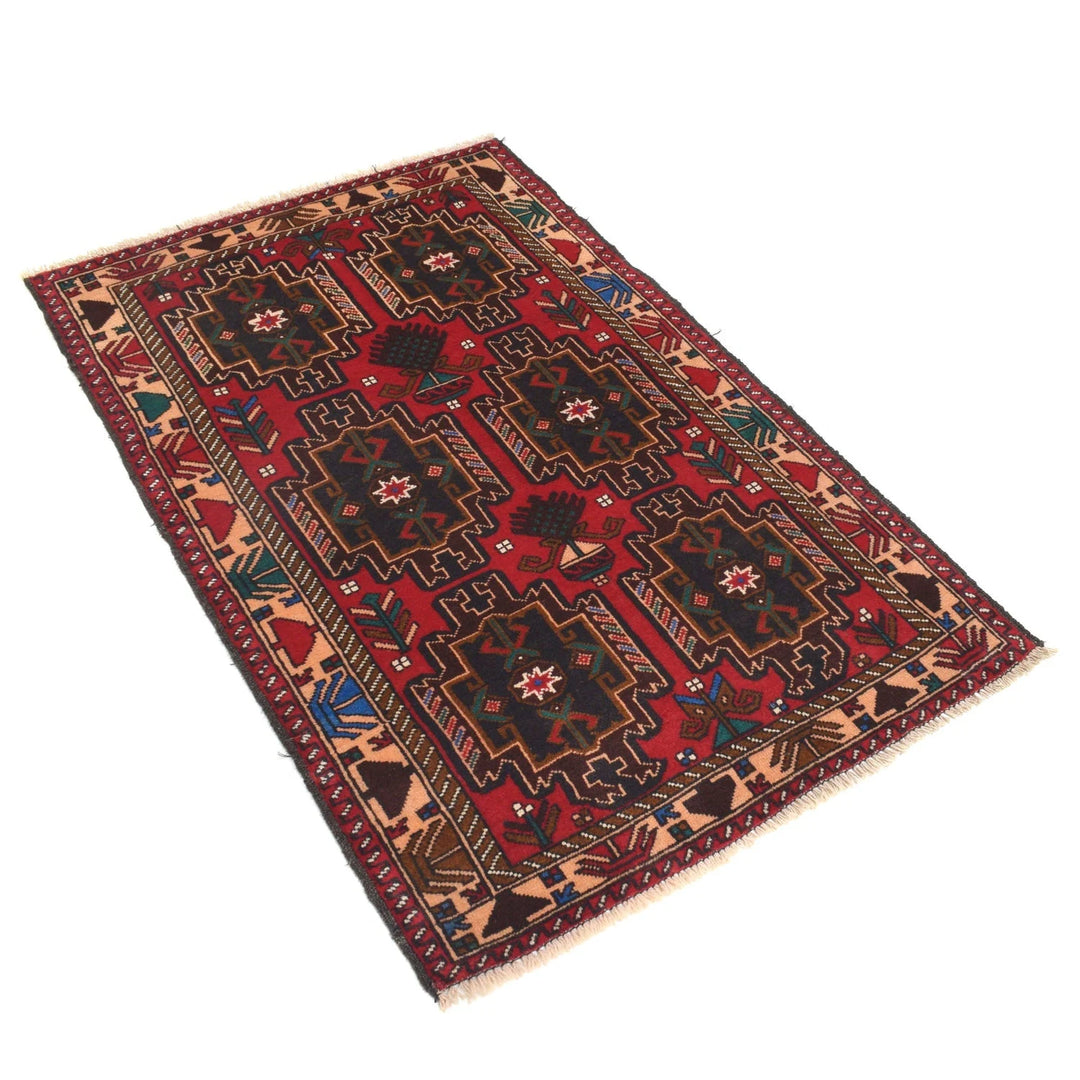 Red Afghan Baluchi Rug 3' 0" x 4' 7" Hand-Knotted | No. AL89564