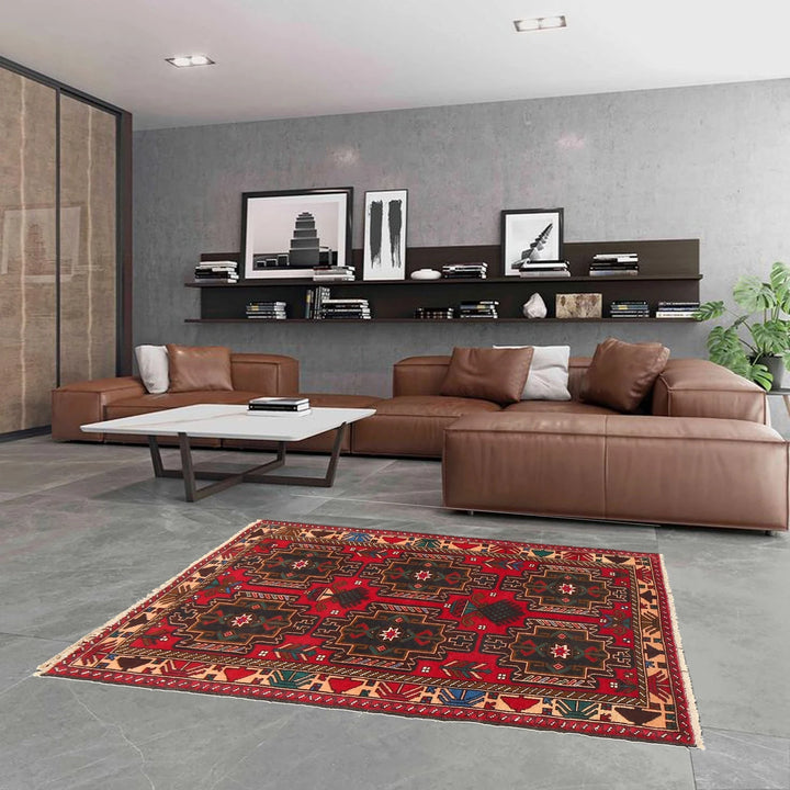 Red Afghan Baluchi Rug 3' 0" x 4' 7" Hand-Knotted | No. AL89564