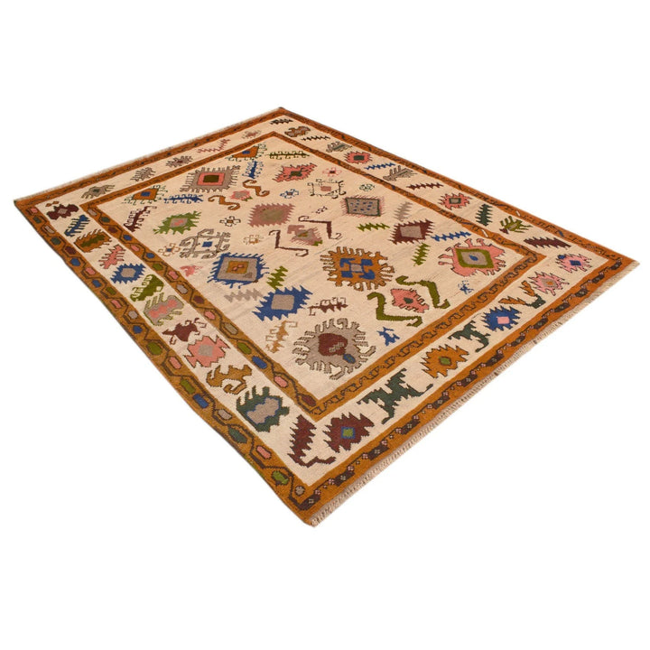 Beige Afghan Oushak Rug 5'8" x 7'8" Hand-Knotted | No. AL89691