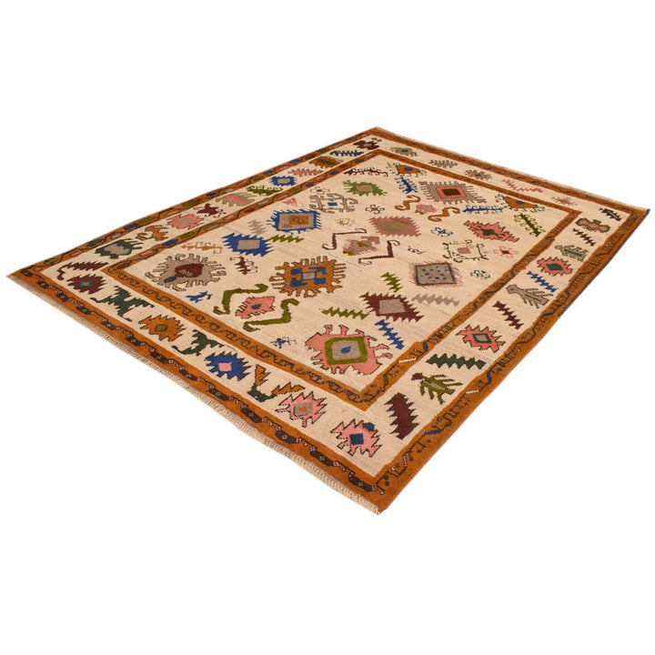 Beige Afghan Oushak Rug 5'8" x 7'8" Hand-Knotted | No. AL89691