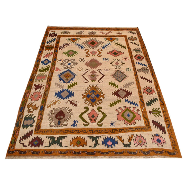 Beige Afghan Oushak Rug 5'8" x 7'8" Hand-Knotted | No. AL89691