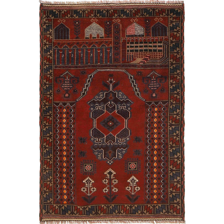 Red Afghan Prayer Rug 3' 5" x 5' 1" Hand-Knotted | No. AL89696