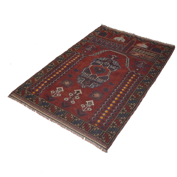 Red Afghan Prayer Rug 3' 5" x 5' 1" Hand-Knotted | No. AL89696