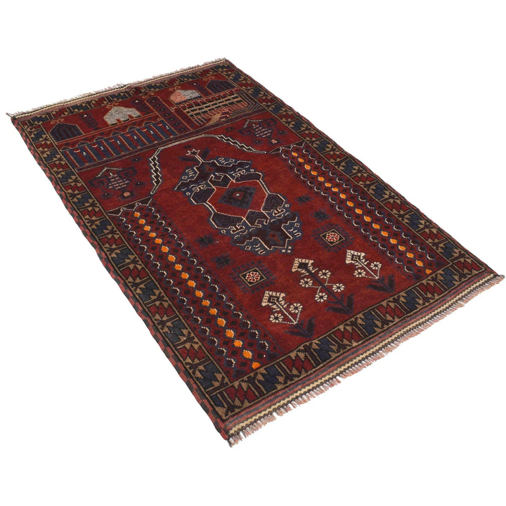 Red Afghan Prayer Rug 3' 5" x 5' 1" Hand-Knotted | No. AL89696