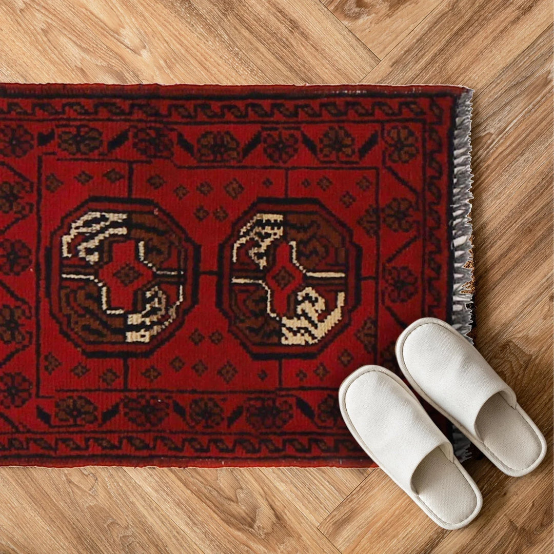 Red Afghan Oriental Doormat 1' 6" x 1' 11" Hand-Knotted | No. AL89713