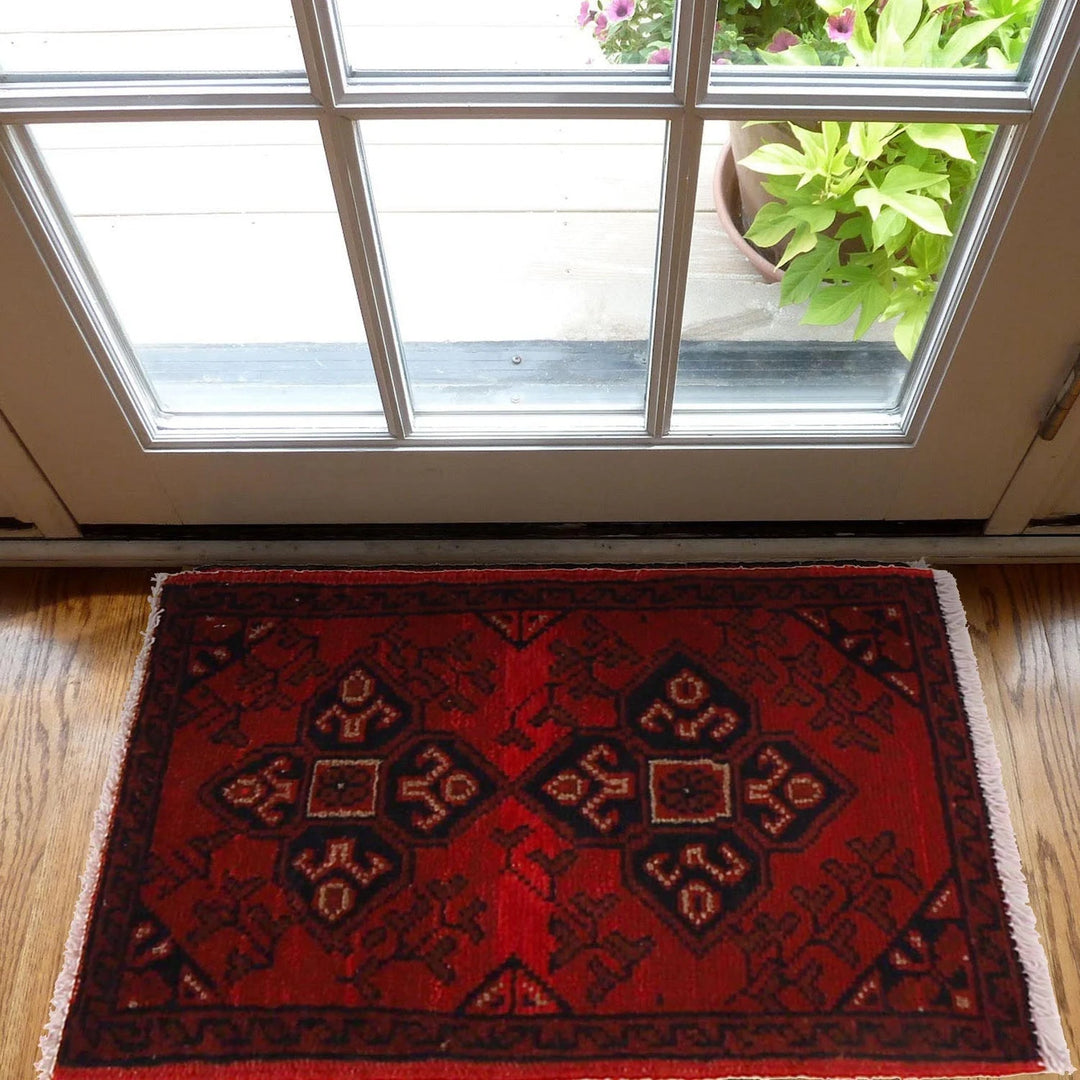 Red Afghan Oriental Doormat 1' 5" x 2' 2" Hand-Knotted | No. AL89736