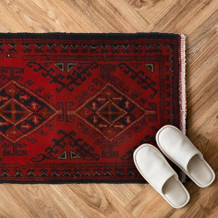 Red Afghan Oriental Doormat 1' 6" x 2' 4" Hand-Knotted | No. AL89755