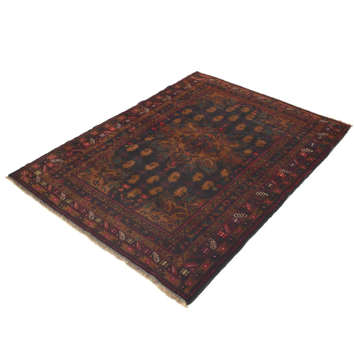 Black Afghan Baluchi Rug 4' 2" x 5' 6" Hand-Knotted | No. AL89763
