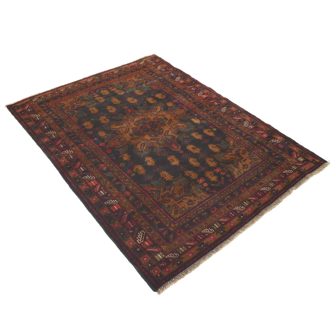 Black Afghan Baluchi Rug 4' 2" x 5' 6" Hand-Knotted | No. AL89763