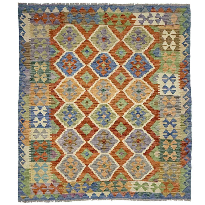 Multicolor Afghan Vegetable Kilim Rug 6' 0" x 7' 7" Flat-Weave | No. AL89847